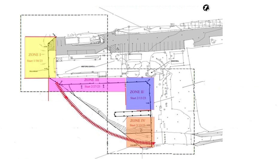 NPS Cruz Bay Visitor Center finger pier, bulkhead, and dredging schedule. An overhead drawing depicting the four marine construction zones and the future placement of the turbidity boom near the Cruz Bay Visitor Center.