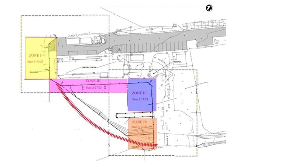 An overhead drawing depicting the four marine construction zones and the future placement of the turbidity boom near the Cruz Bay Visitor Center.