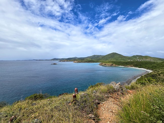 Image of a green hill with a dirt trail and ocean in the background.