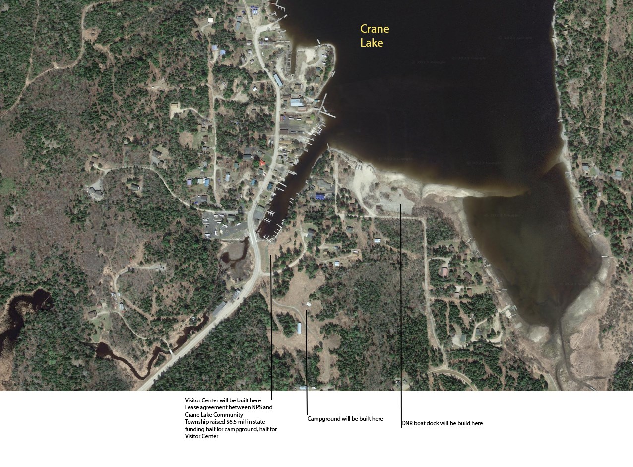 satellite image of future visitor center site near sothern edge of Crane Lake