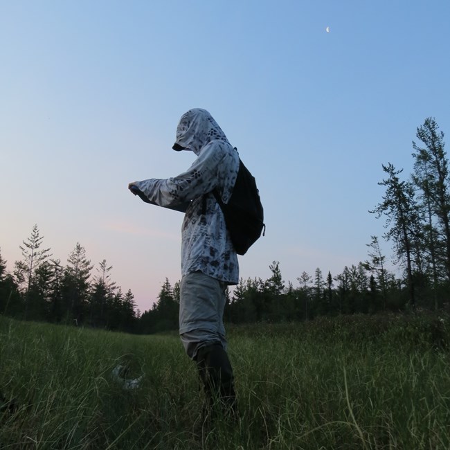 Field technician stands in meadow at sunrise with clipboard.