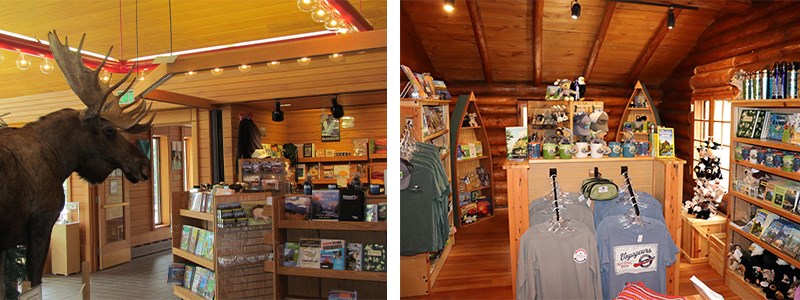 Two photos of the different Visitor Centers' bookstores. On the left picture there is a taxidermy Moose standing tall in an open area facing the bookstore with stands full of books and tshirts. On the right photo there are bookstands in a wooden building.