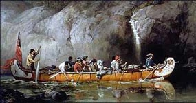 Voyageurs passing a waterfall