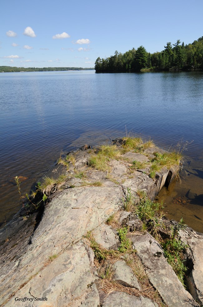 View of lake with tree line and rocky shore.