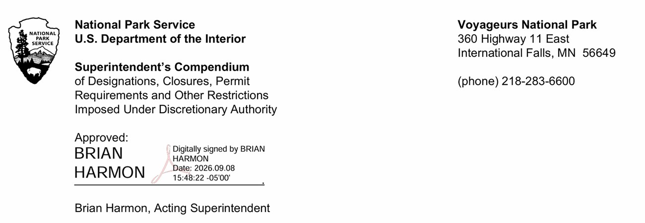 Superintendent's signature for Voyageurs National Park Compendium