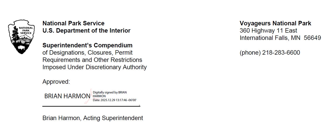 Superintendent's signature for Voyageurs National Park Compendium