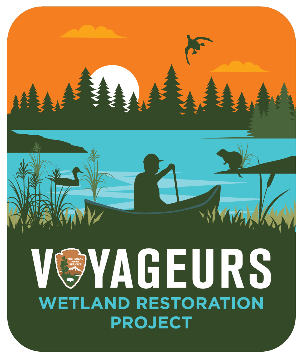 illustrated square logo depicting a person in a canoe on a lake with trees and sunset in background