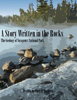 Book cover, with watercolored type art, rocky shoreline with trees and water in the background