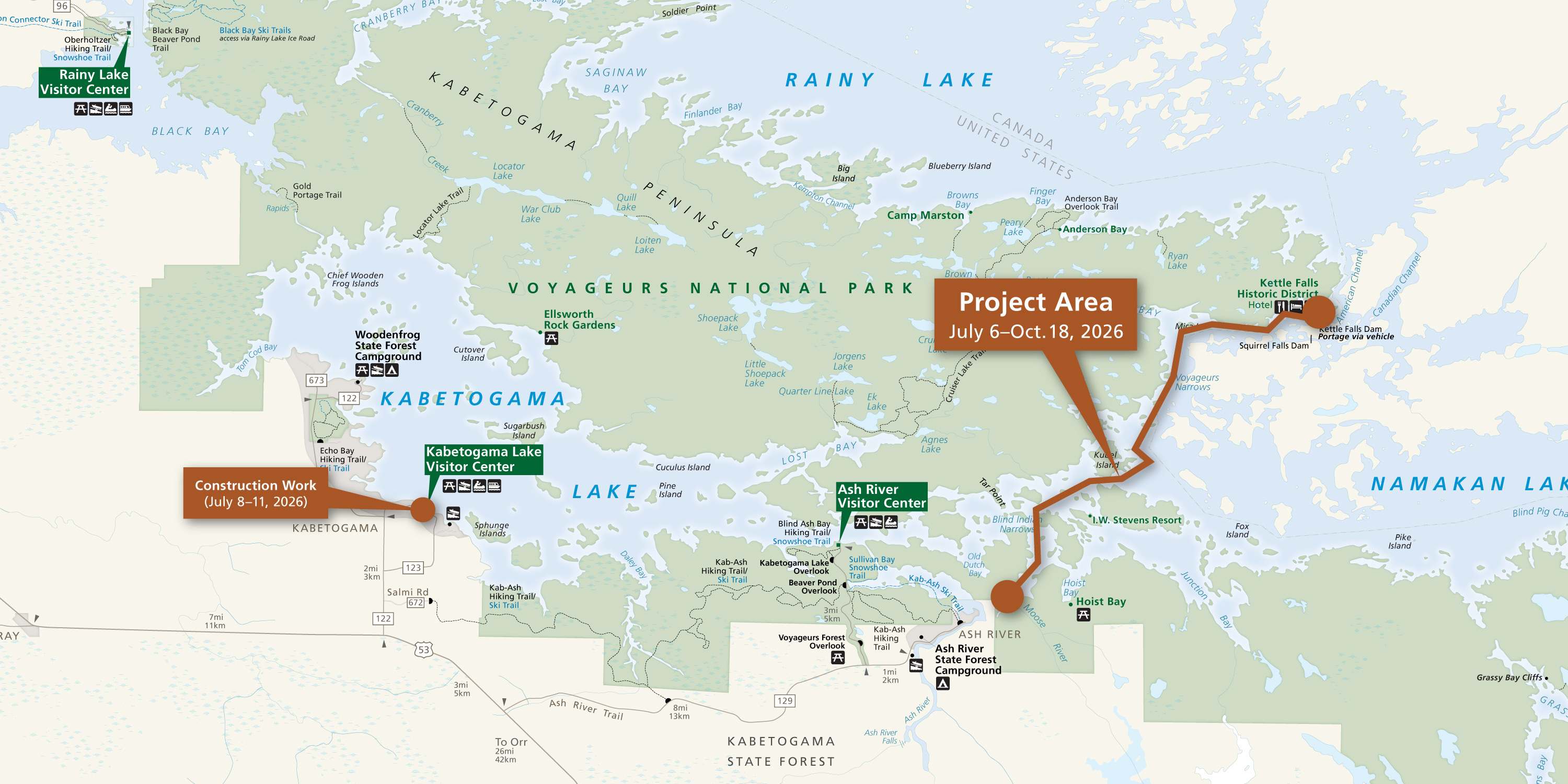 A park map highlighting the Kabetogama Lake Visitor Center boat launch which will be impacted July 8-11, 2026, and a line along the primary project area on Namakan Lake, which will have work from July 6 to Oct. 18, 2026.