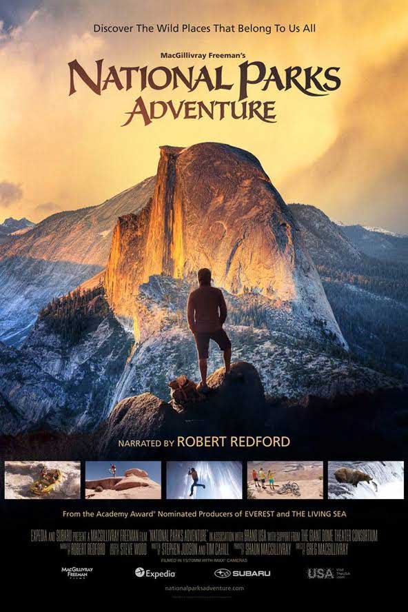 National Parks Adventure movie poster Movie poster advertising the film National Parks Adventure. Glacier washed mountain in background with shadowed person standing looking out in foreground.