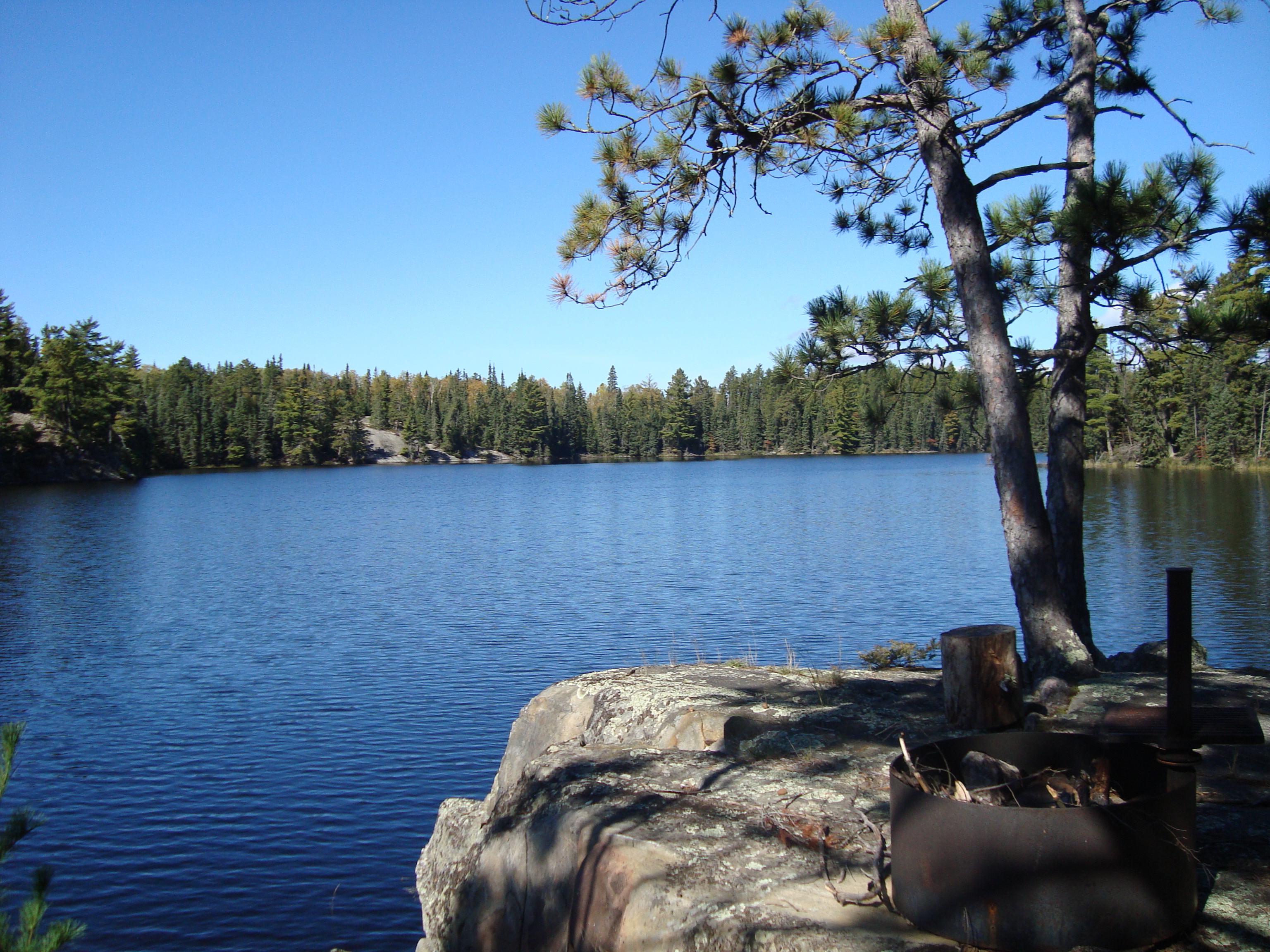 View of Ryan lake with a fire ring and tree visible on the right side