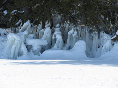 Ice formed to look like a waterfall on an island