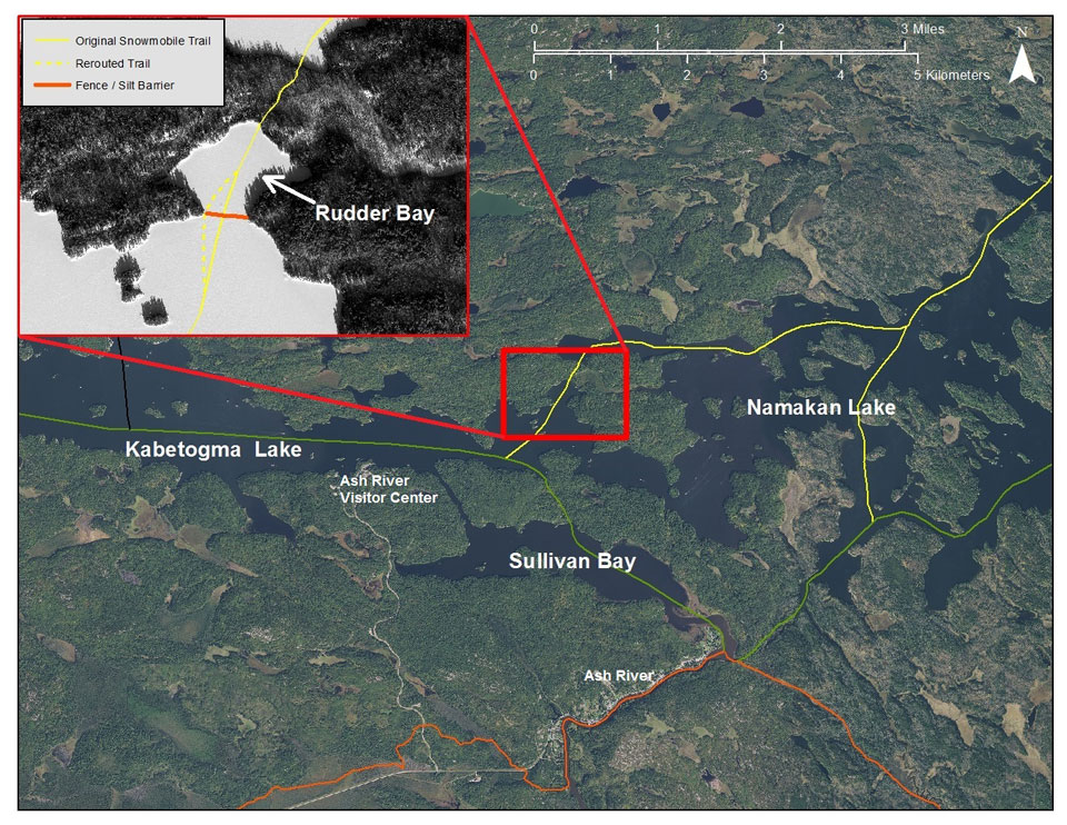 Rudder Bay, Lake Kabetogama snowmobile trail reroute Rerouted snowmobile trail in Rudder Bay on Lake Kabetogama