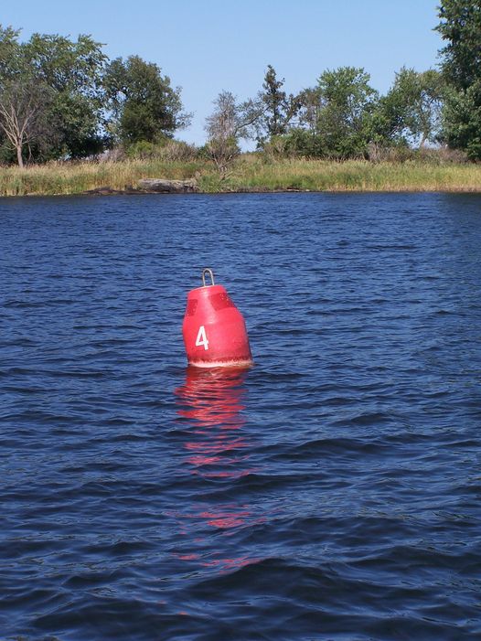 red bouy floating in calm blue water