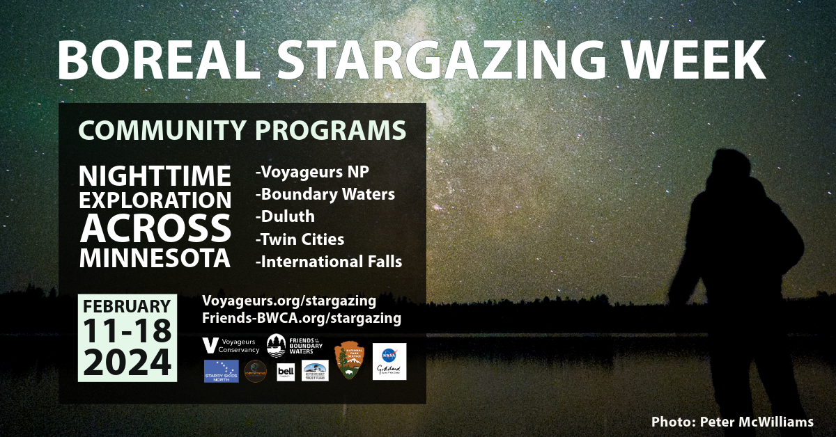 Boreal Stargazing Week poster showing event schedule against the backdrop of a star-filled night sky