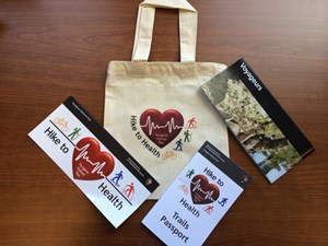 Hike to Health Trails Passport kit, bag and brochures.