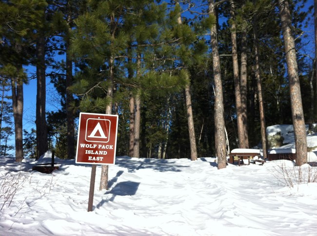 Wolfpack Island East campsite on Namakan Lake in Winter