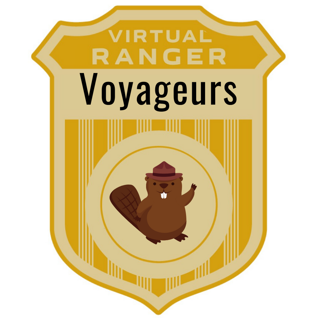 Virtual Jr. Ranger Badge that says 'Virtual Ranger Voyageurs' with cartoon beaver in a ranger hat in the middle.