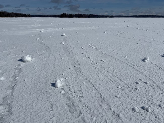 Snowballs blowing across frozen Kabetogama Lake