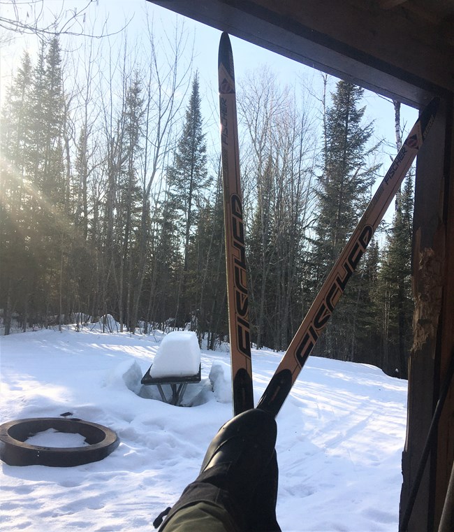 Taking a break from skiing at a trailside warming hut