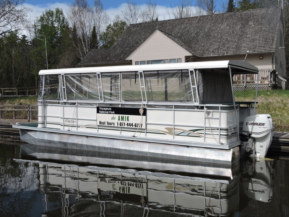 Amik tour boat docked in front of the Kabetogama Lake Visitor Center Amik tour boat docked in front of the Kabetogama Lake Visitor Center