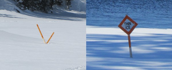 Crossed oranged sticks or orange diamonds mark ice hazards in the winter