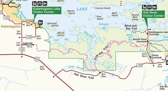 Map showing the location of the Kabetogama & Ash River Visitor Centers.