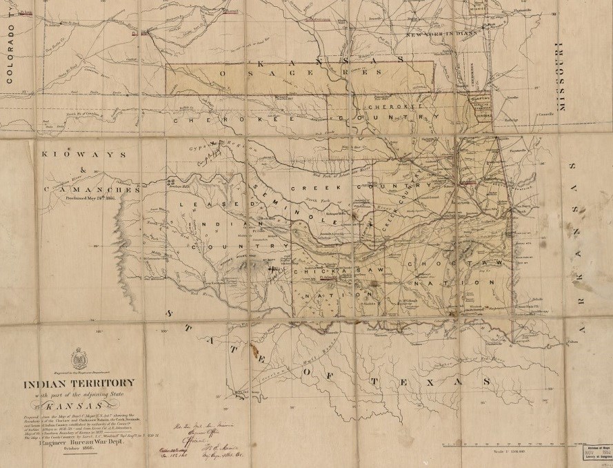 1866 Oklahoma Map titled Indian Territory, 2 1866 Oklahoma Map titled Indian Territory indicating location of various tribes
