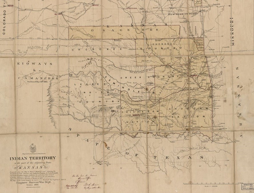 1866 Oklahoma Map titled Indian Territory indicating location of various tribes