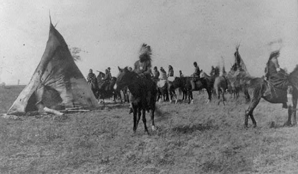 1866 photograph of 'Camp of Pawnee Indians on the Platte Valley'