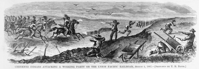 1867 August 4, Cheyenne Indians attacking a working party on the Union Pacific Railroad, sketched by T.R. Davis. Harper's Weekly