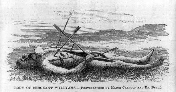 Lithograph of a naked, dead soldier with arrows pierced in his body.