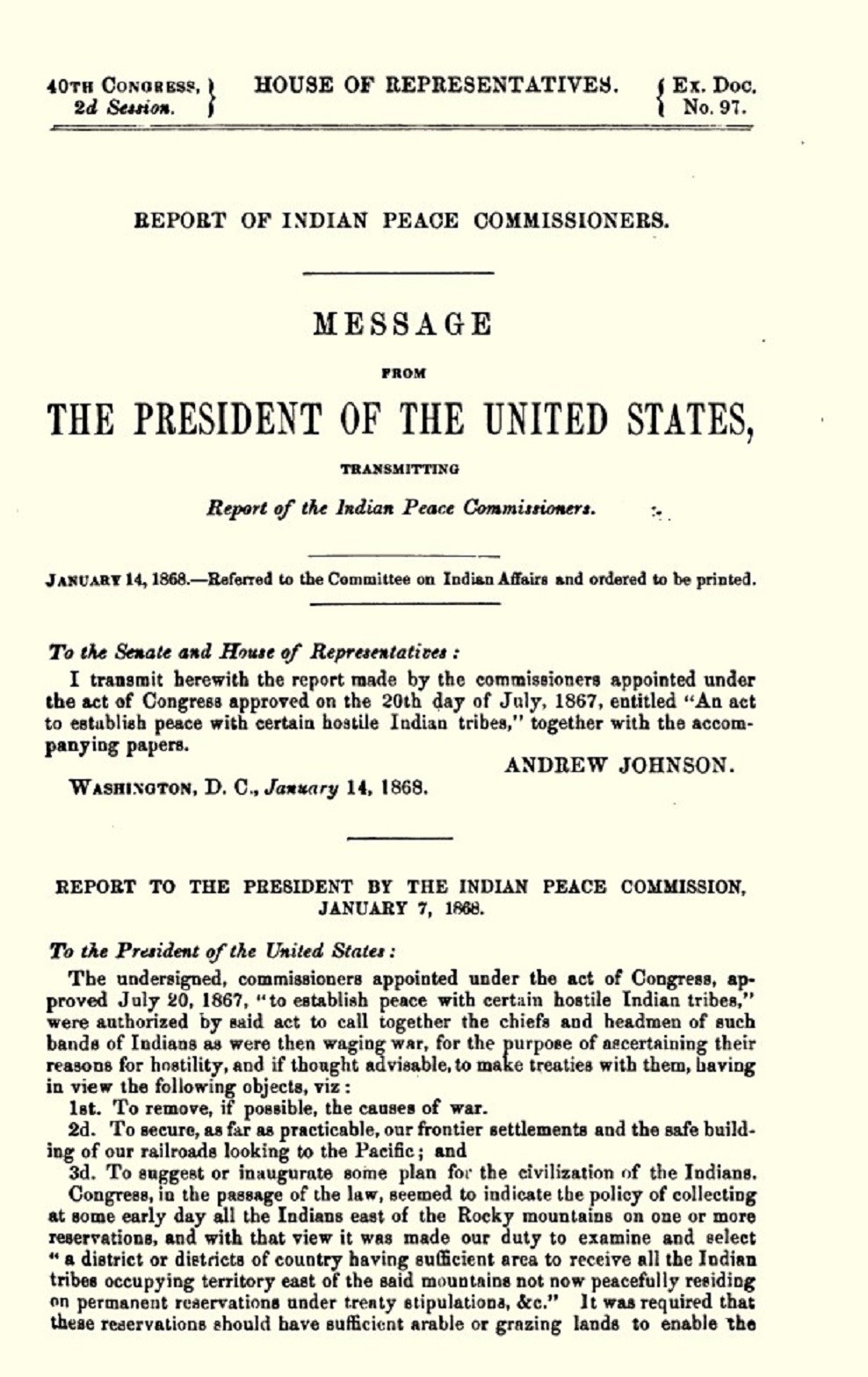 Indian Peace Commission Report, from 1868.