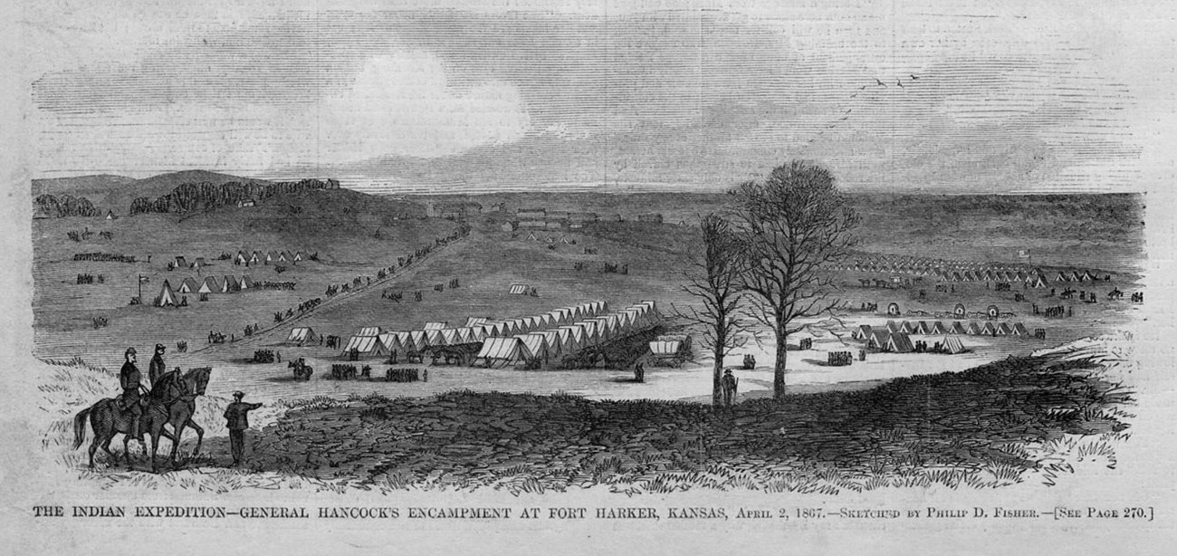 Lithograph from 1867 depicting army encampment on the Great Plains.