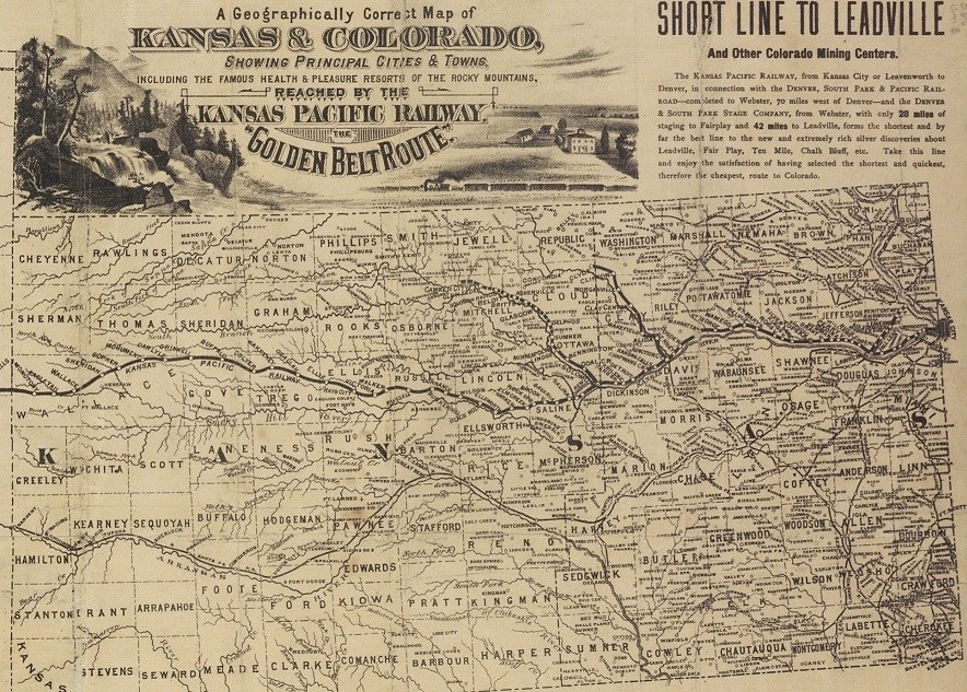 Period map showing railroad through Kansas, 1865-1880