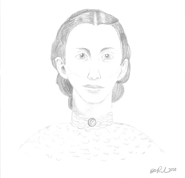 A pencil drawing of Sarah Catherine White's face and shoulders.