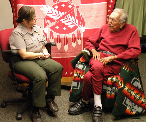 Cheyenne Elder Eugene Blackbear with Washita Superintendent Lisa Conard Frost