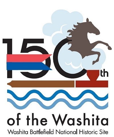 Washita Battlefield 150th anniversary logo showing peace peipe, horse, and the number 150. Washita Battlefield 150th anniversary logo showing peace peipe, horse, and the number 150.