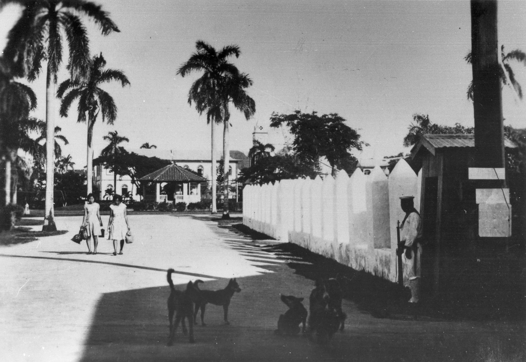Two CHamoru women walk past an Imperial Japanese soldier standing outside a guardhouse and a group of dogs.