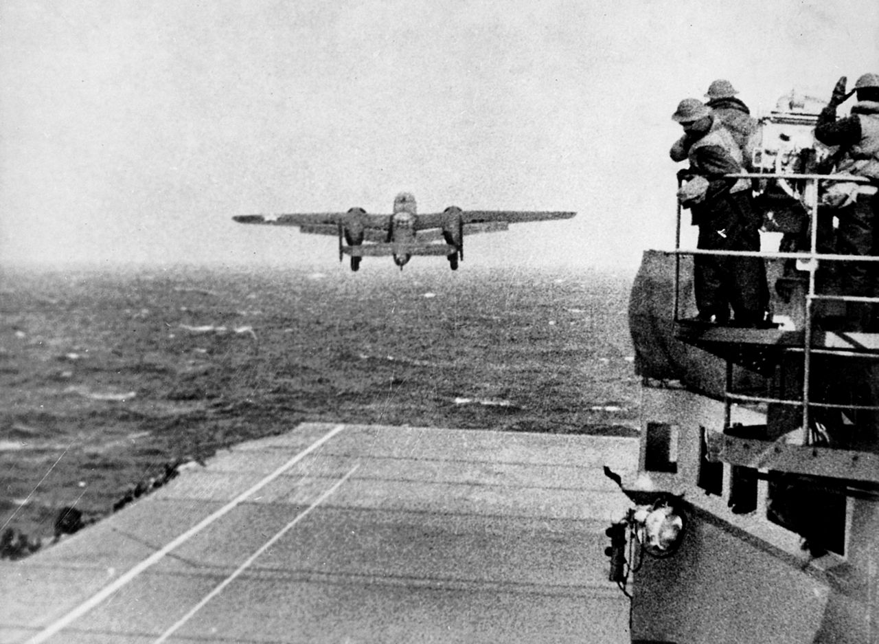 Take off from the deck of the USS HORNET of an Army B-25 on its way to take part in first U.S. air raid on Japan. Doolittle Raid, April 1942."