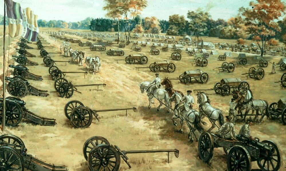 Sidney King illustration of the French artillery park, Yorktown, Virginia.
