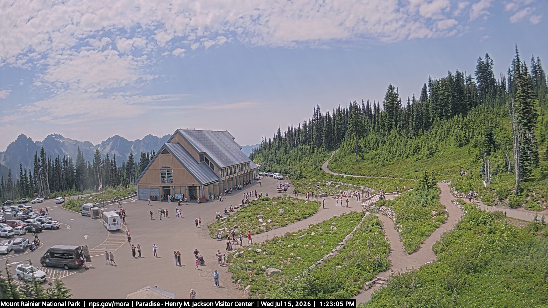 Jackson Visitor Center webcam frame at Paradise on Mount Rainier.