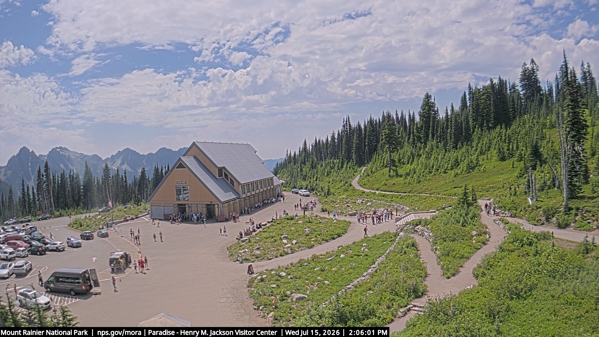 Jackson Visitor Center webcam frame at Paradise on Mount Rainier.