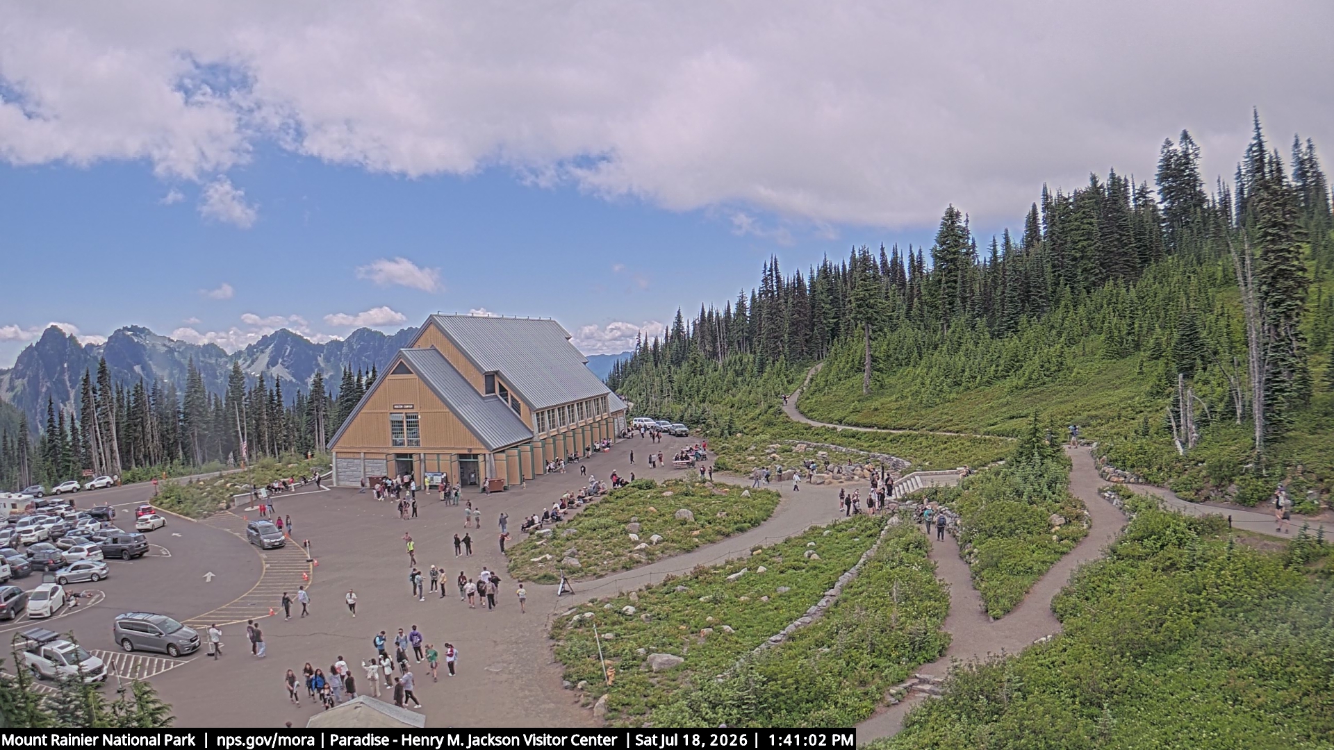 Jackson Visitor Center webcam frame at Paradise on Mount Rainier.