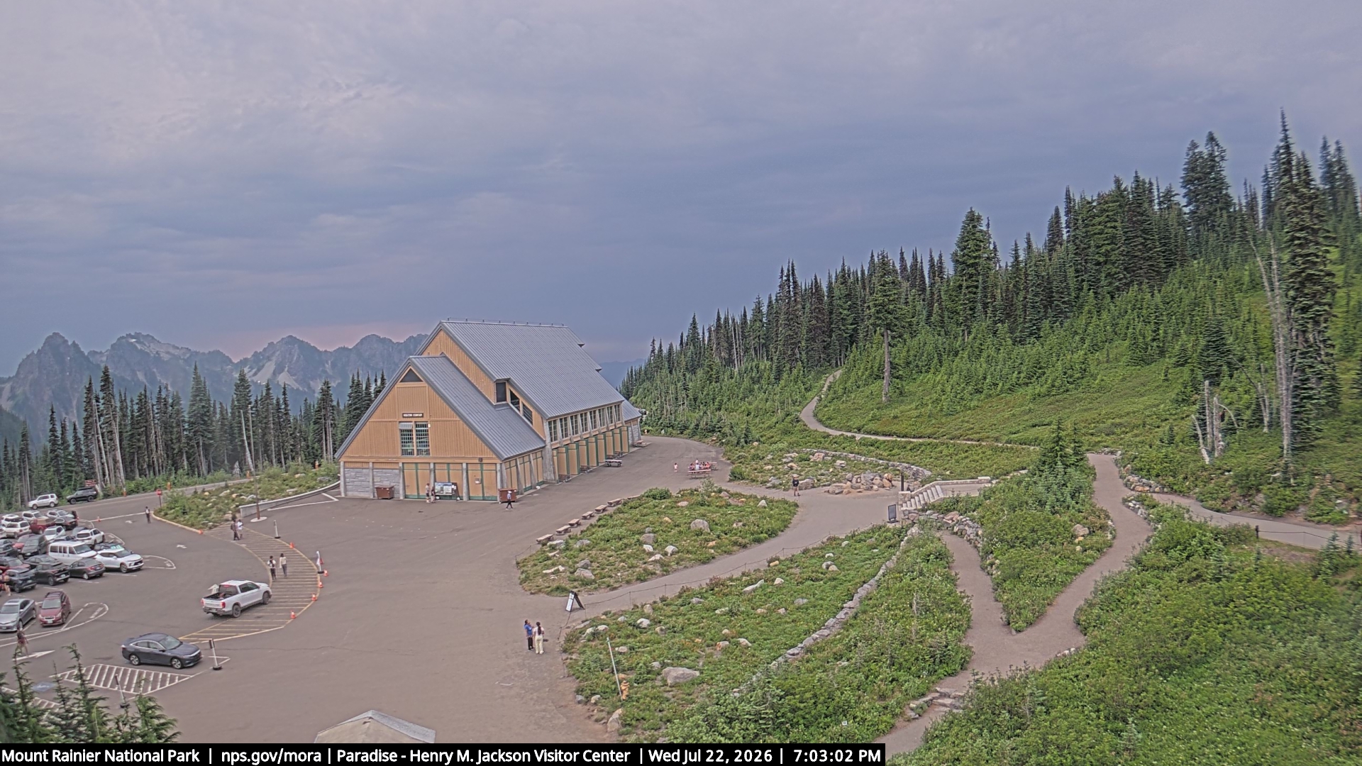 Jackson Visitor Center webcam frame at Paradise on Mount Rainier.