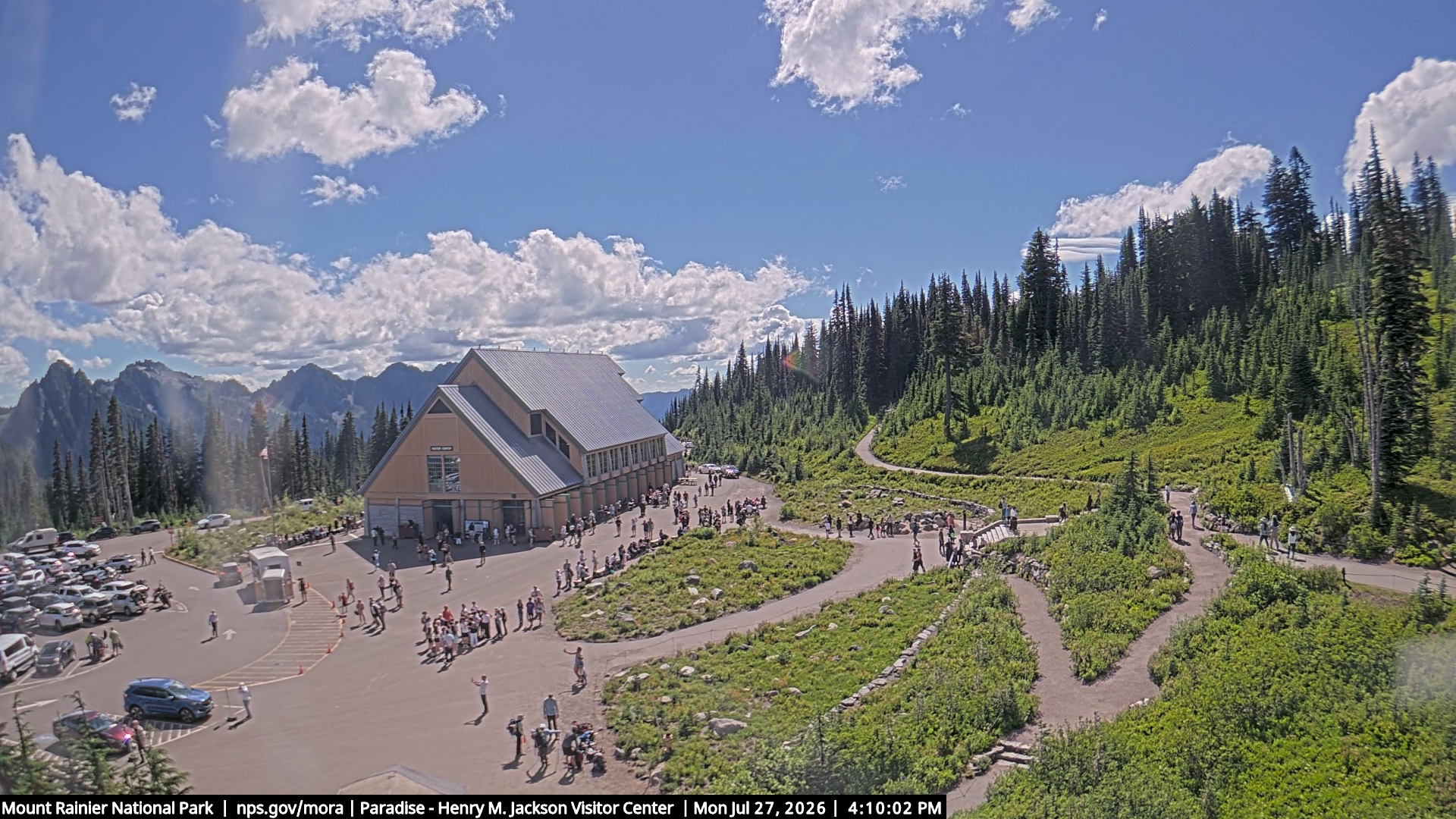 Jackson Visitor Center webcam frame at Paradise on Mount Rainier.