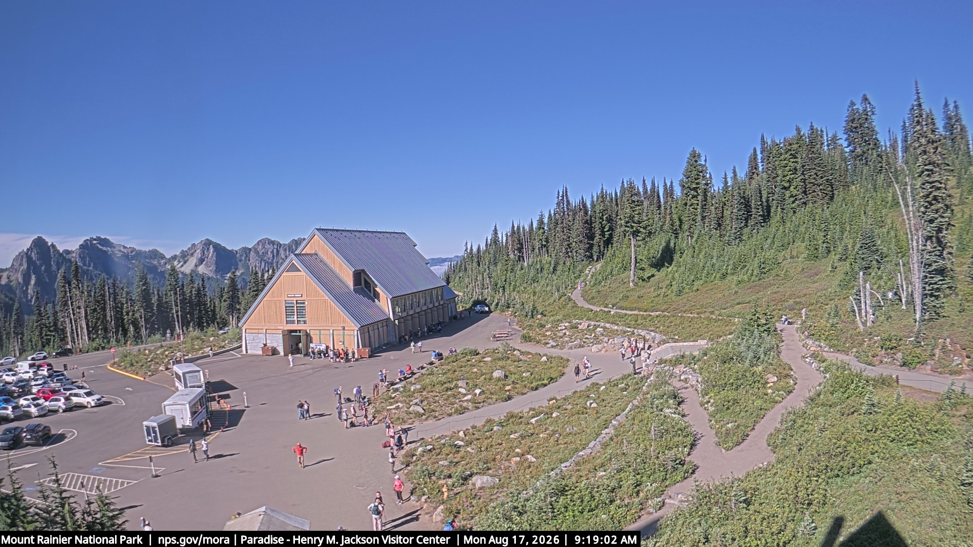 Jackson Visitor Center webcam frame at Paradise on Mount Rainier.
