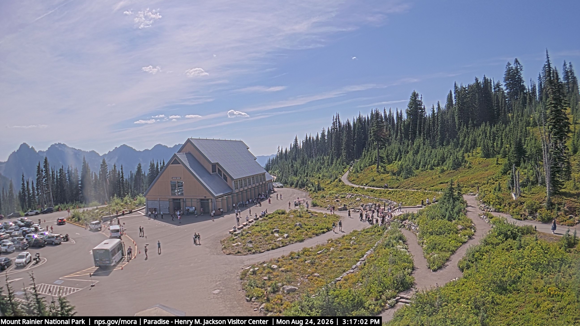 Jackson Visitor Center webcam frame at Paradise on Mount Rainier.