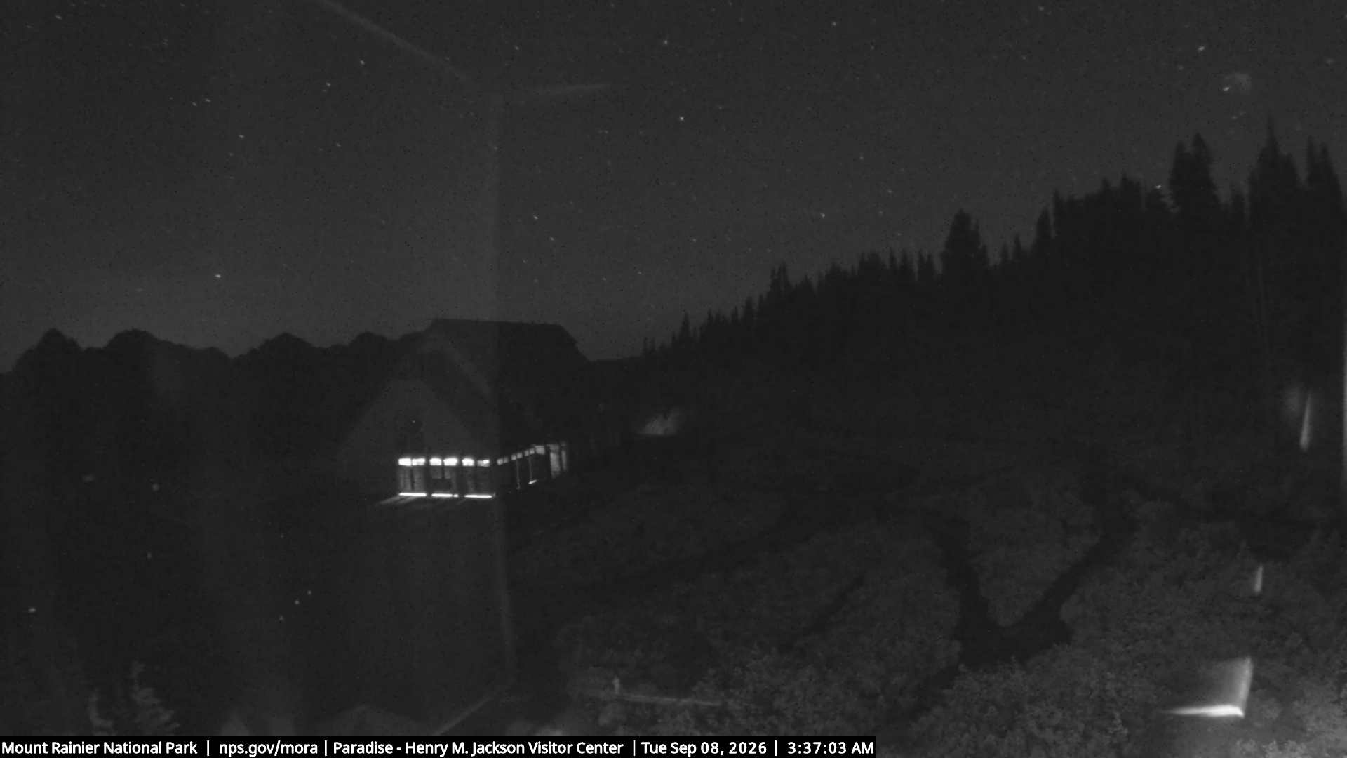 Jackson Visitor Center webcam frame at Paradise on Mount Rainier.
