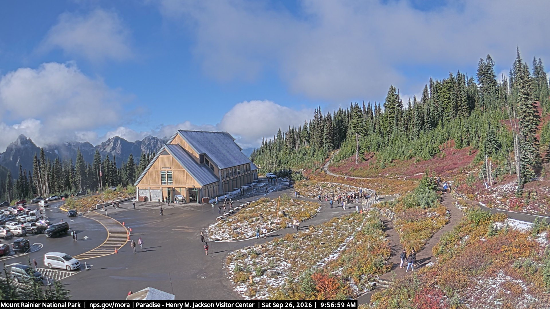 Jackson Visitor Center webcam frame at Paradise on Mount Rainier.